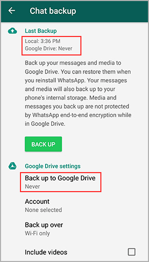 backup whatsapp chats to phone internal memory