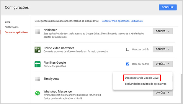 desconecte o aplicativo de mensagens WhatsApp do Google Drive