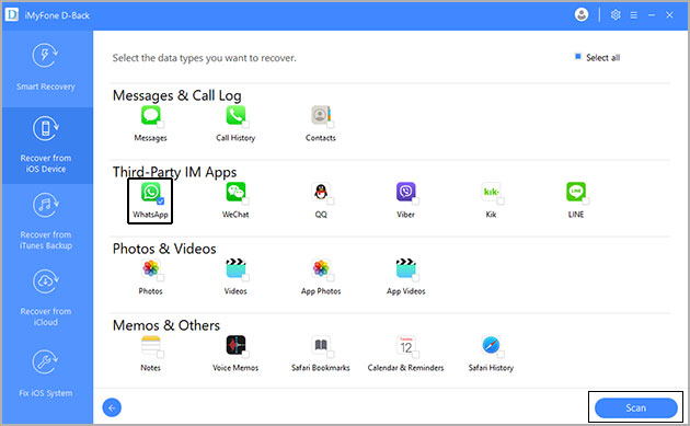 select WhatsApp chats and media to recover from iPhone